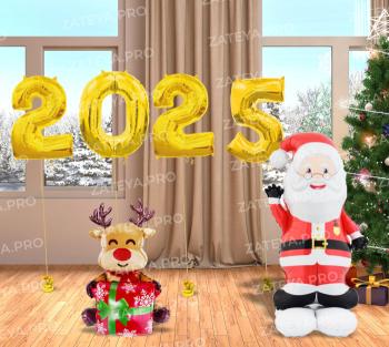 Композиция из воздушных шаров 2024 Эльфы с подарком и Елочка 6 шт