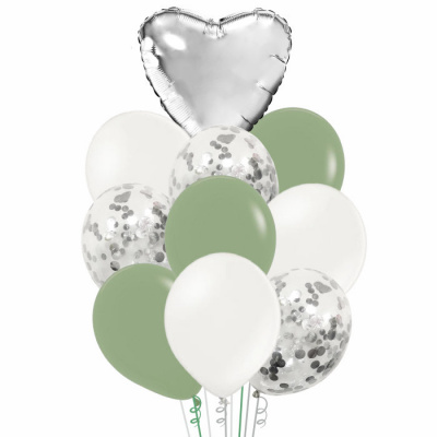 Букет из шаров Сердце эвкалипт-серебро 10  шт