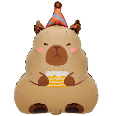 Шар фольга Фигура Капибара в колпаке с тортом (ВЗ)