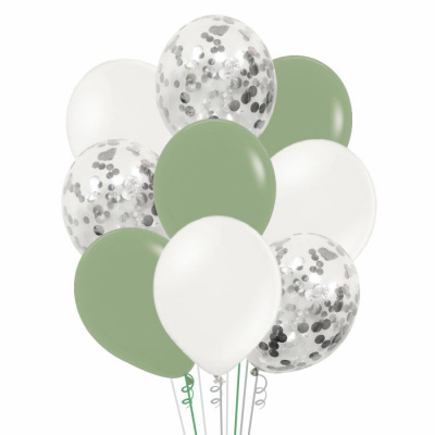Букет Ассорти из шаров пастель эвкалипт-серебро 9 шт